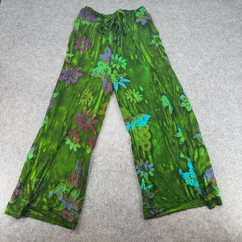 Peaceful People Green Batik Butterfly Floral Vintage Wrap Pants Wide Womens S/M